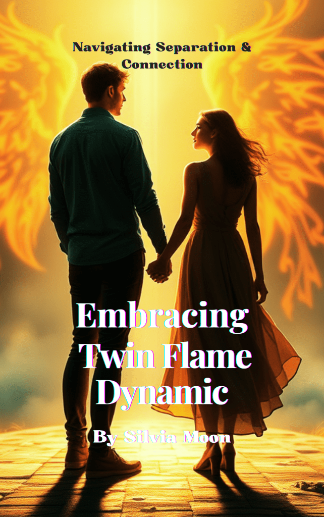 A couple holding hands, standing against a glowing background with angelic wings, featuring the text 'Navigating Separation & Connection' and 'Embracing Twin Flame Dynamic' by Silvia Moon.