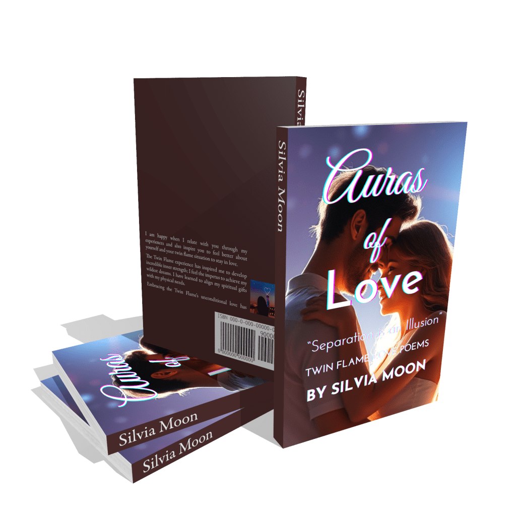 A 3D depiction of the book 'Auras of Love' by Silvia Moon, featuring a romantic cover design with a couple embracing. The title and author's name are prominently displayed.