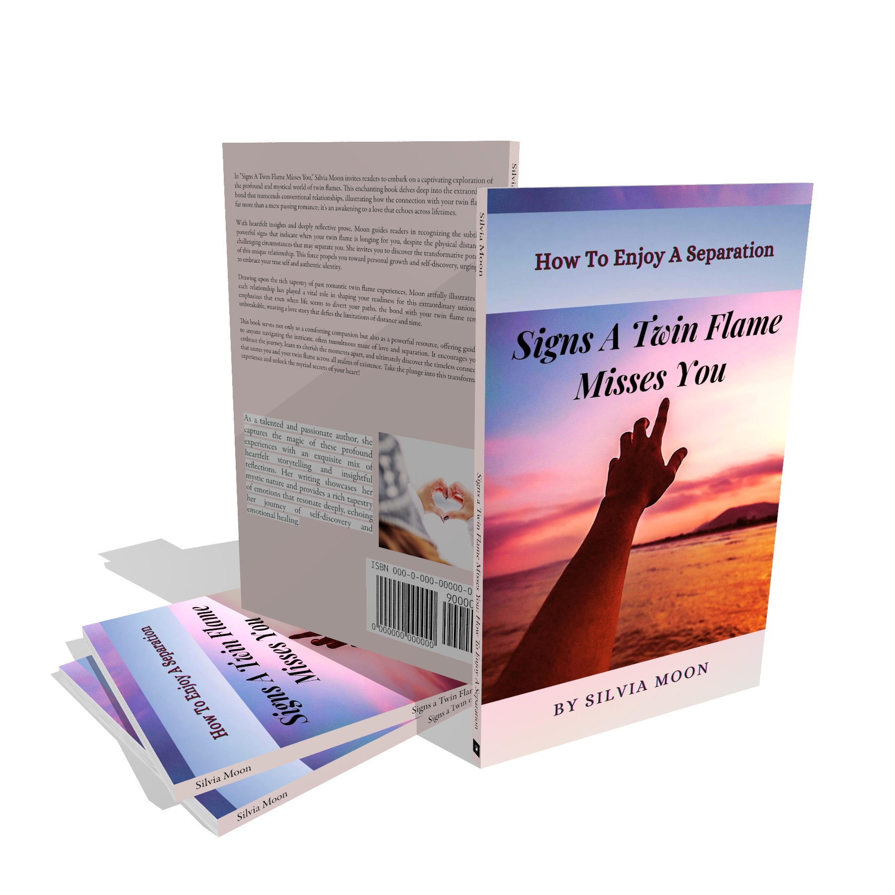 A book titled 'Signs A Twin Flame Misses You' by Silvia Moon, displayed with its cover featuring a serene sunset and a hand reaching out. The book is accompanied by additional copies positioned around it.