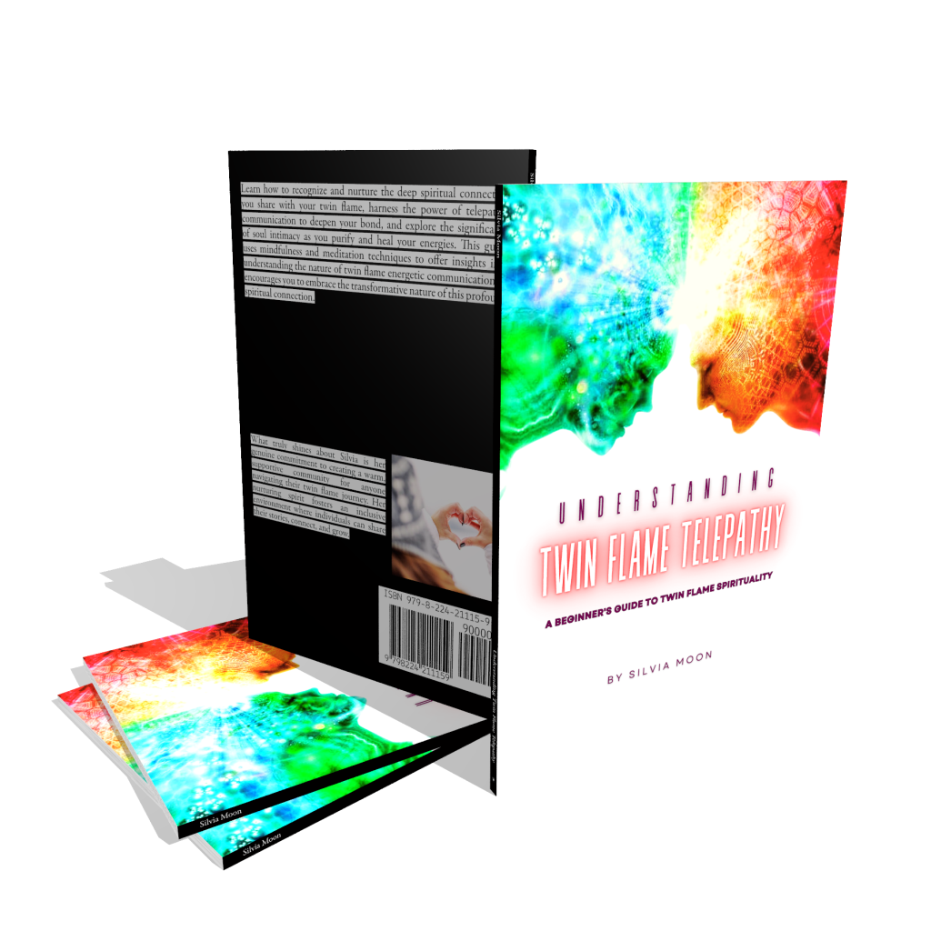 A book titled 'Understanding Twin Flame Telepathy' by Silvia Moon, featuring a colorful cover with abstract designs and profiles of two faces, and a partially visible back cover.