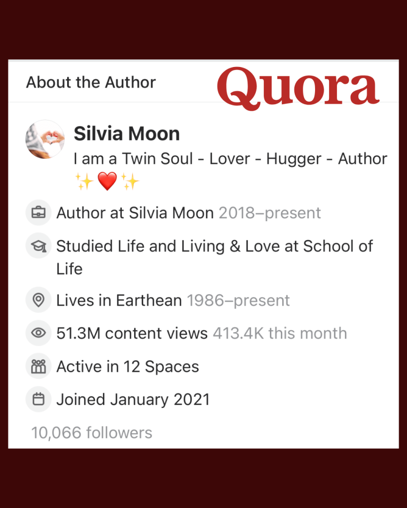 Quora profile of Silvia Moon featuring her bio, studies, location, content views, activity, and follower count.