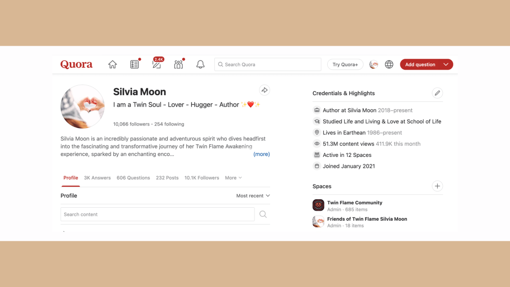 Quora profile of Silvia Moon, showcasing her journey as a Twin Soul, author, and community contributor with details about her followers and content engagement.