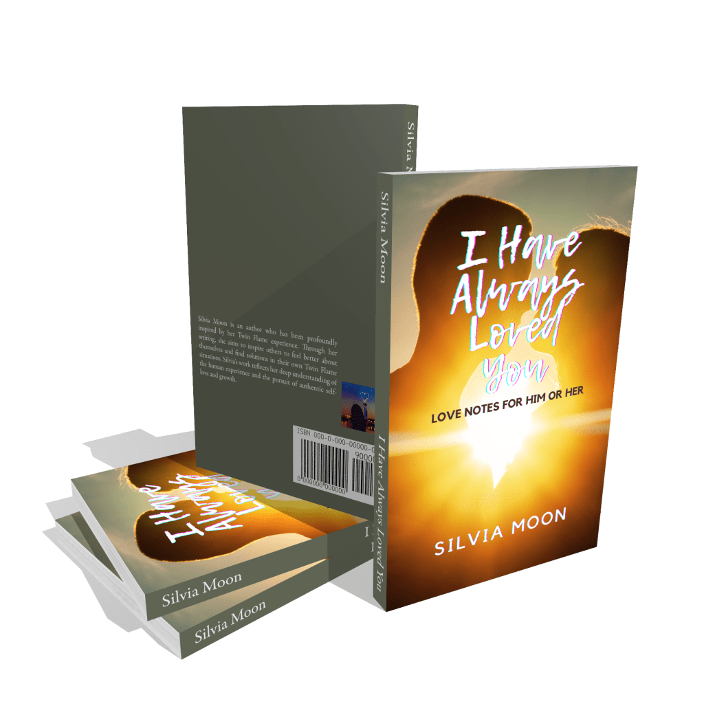 A three-dimensional presentation of the book 'I Have Always Loved You' by Silvia Moon, featuring a sunset background and texts emphasizing love notes.