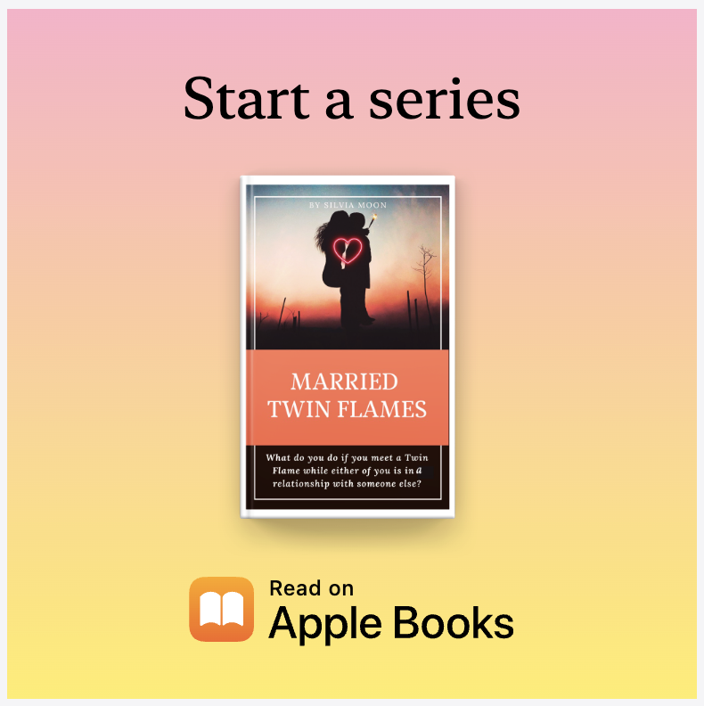 Book cover of 'Married Twin Flames' by Silvia Moon, featuring a silhouette of a couple with a heart symbol against a gradient background.