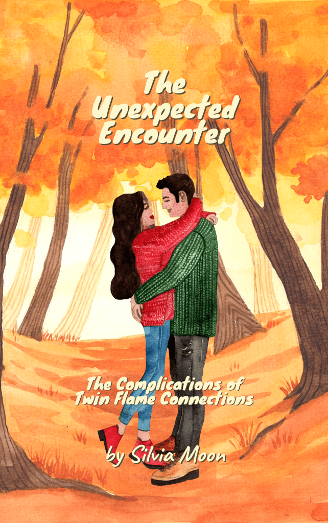 Book cover titled 'The Unexpected Encounter' featuring a couple in a loving embrace surrounded by autumn trees.