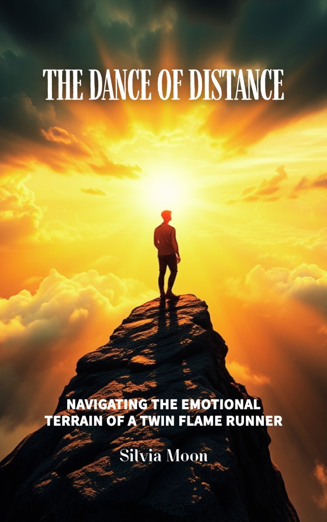 Book cover for 'The Dance of Distance' by Silvia Moon, featuring a silhouetted figure standing on a rock against a sunset sky with clouds.