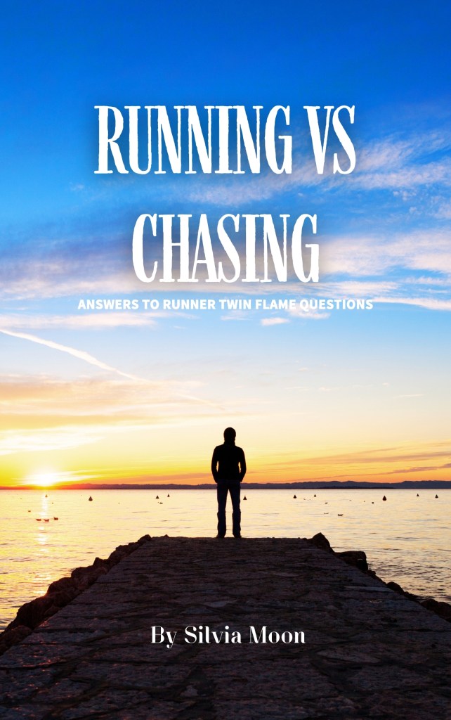 Book cover for 'Running vs Chasing' by Silvia Moon, featuring a silhouette of a person standing on a pier during sunset, with a serene ocean view in the background.