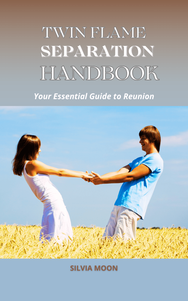 Book cover of 'Twin Flame Separation Handbook' by Silvia Moon featuring a couple holding hands in a field.