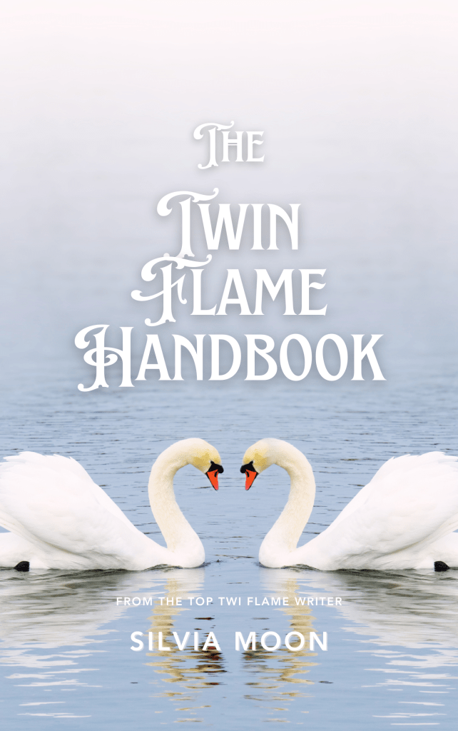Cover of 'The Twin Flame Handbook' by Silvia Moon featuring two swans facing each other on a calm water surface.
