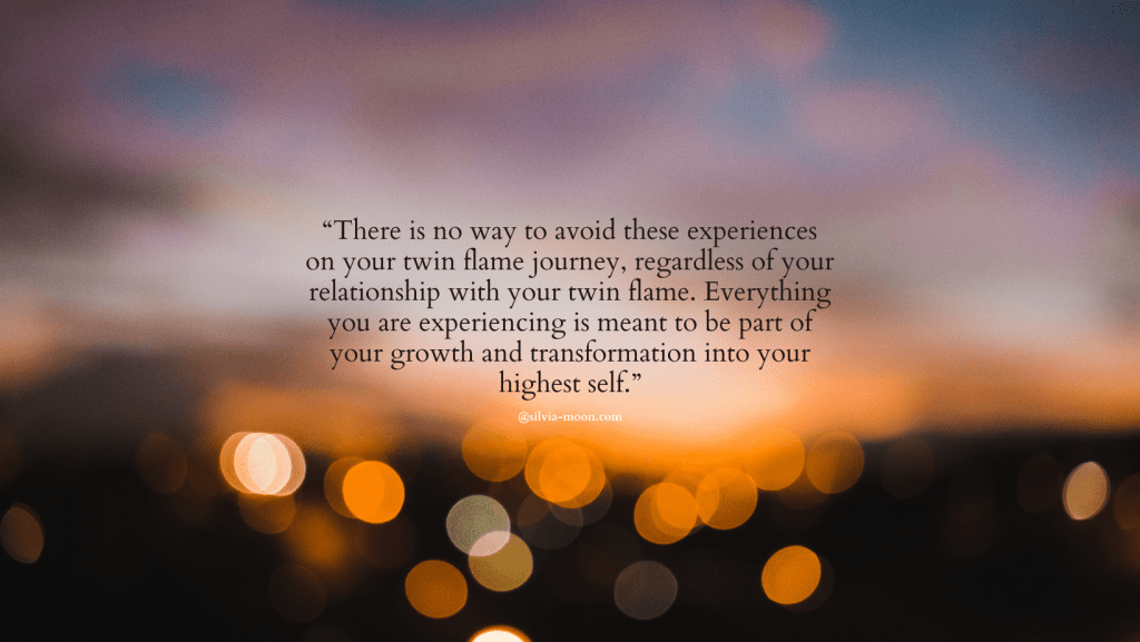 A blurred sunset background with soft bokeh lights and an inspirational quote about twin flame journeys.