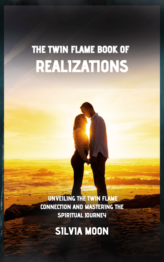 Book cover for 'The Twin Flame Book of Realizations' featuring a couple silhouetted against a sunset, symbolizing love and connection.