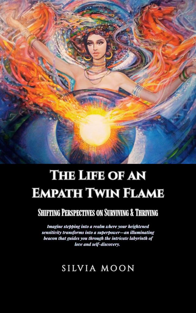 An artistic book cover featuring a mystical woman surrounded by vibrant colors and cosmic elements, titled 'The Life of an Empath Twin Flame.'