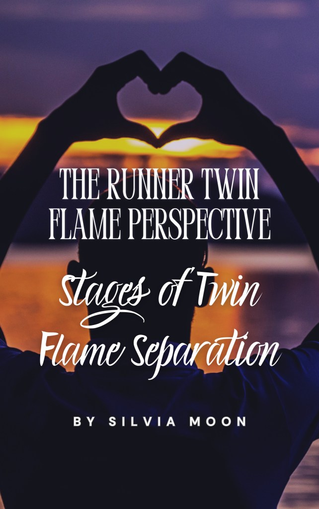 Silhouette of a person making a heart shape with their hands against a sunset background, with text overlay about twin flame perspective and stages of separation.