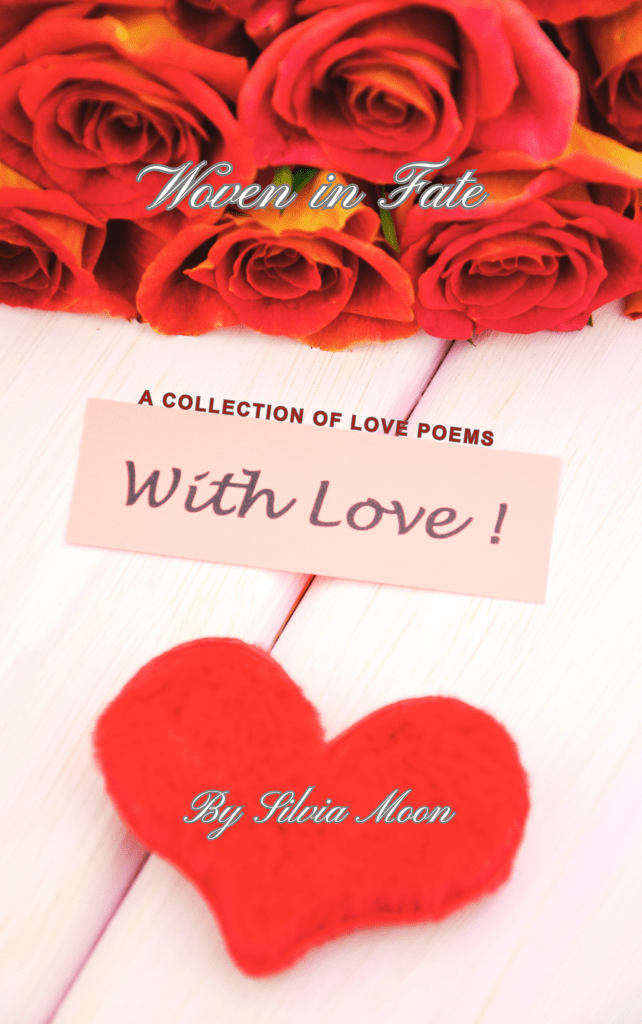 A close-up of a book cover titled 'Woven in Fate', featuring a pink card that says 'With Love!' alongside a red heart and a background of red roses.