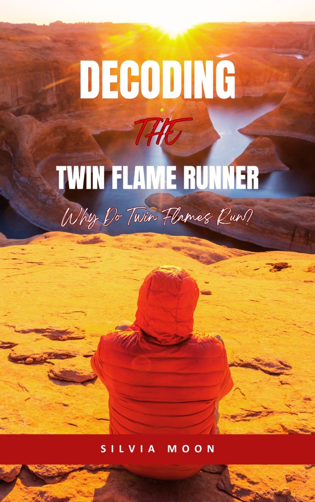 Book cover for 'Decoding the Twin Flame Runner' by Silvia Moon featuring a person in an orange jacket sitting on rocky terrain, overlooking a canyon at sunset.