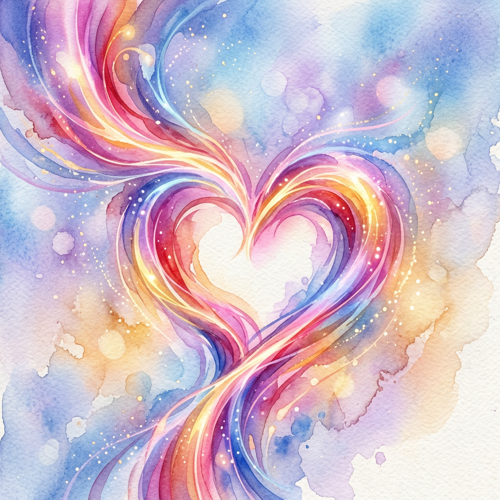 Abstract heart formed by bright swirling watercolor in pink, purple, orange, and blue hues